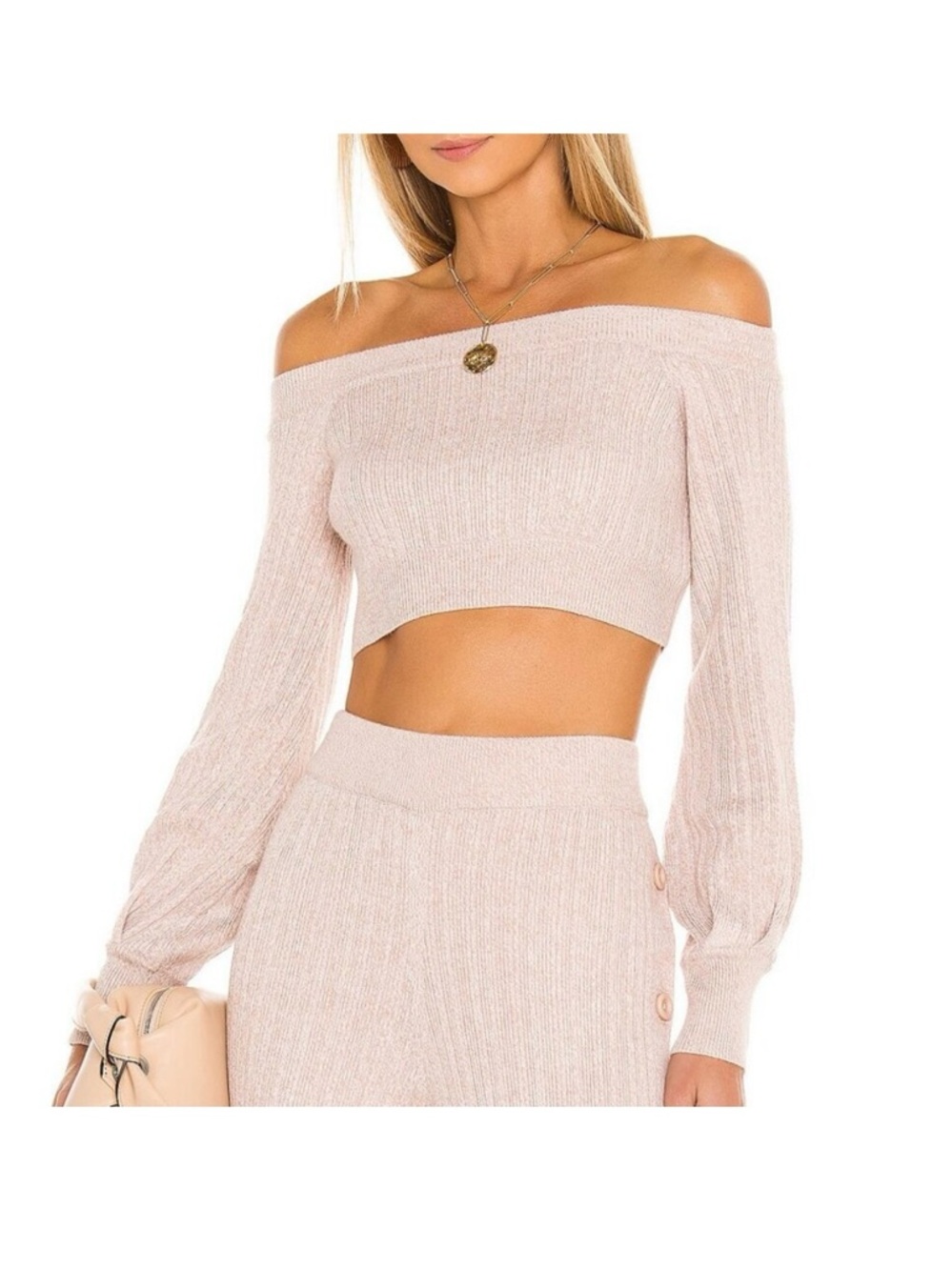 Michael Costello Blush Pink Off-the-Shoulder Cropped Sweater